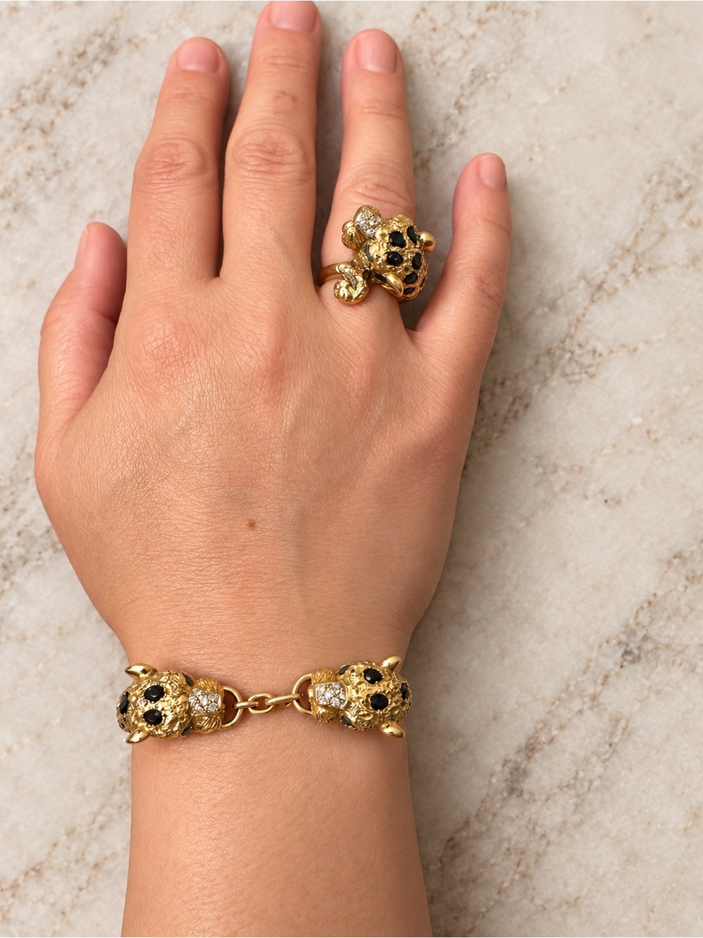 18K Yellow Gold Jaguar Ring & Cuff Bracelet Set - Sapphires, Diamonds & Emeralds